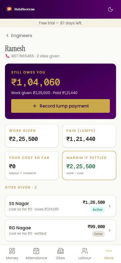 GrowinAll screen showing work given to an engineer, amounts paid and the balance due